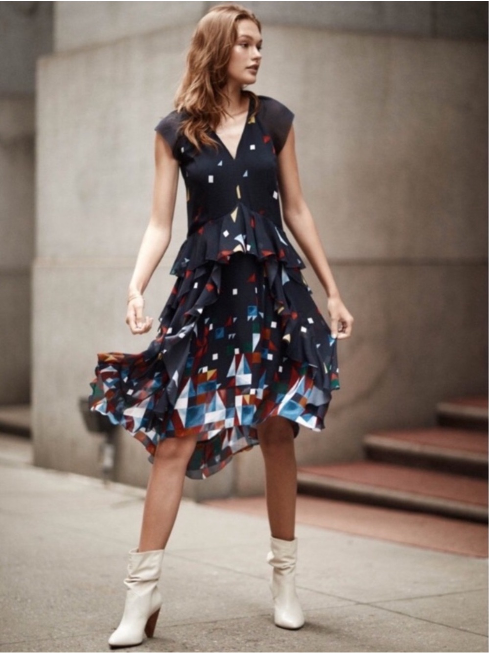 Joie Kiersten Midi Dress 100% Silk Navy Muticolor Print Handkerchief Hem Size 12